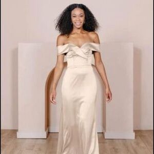 Bardot satin dress gold champagne bridesmaid/ prom dress